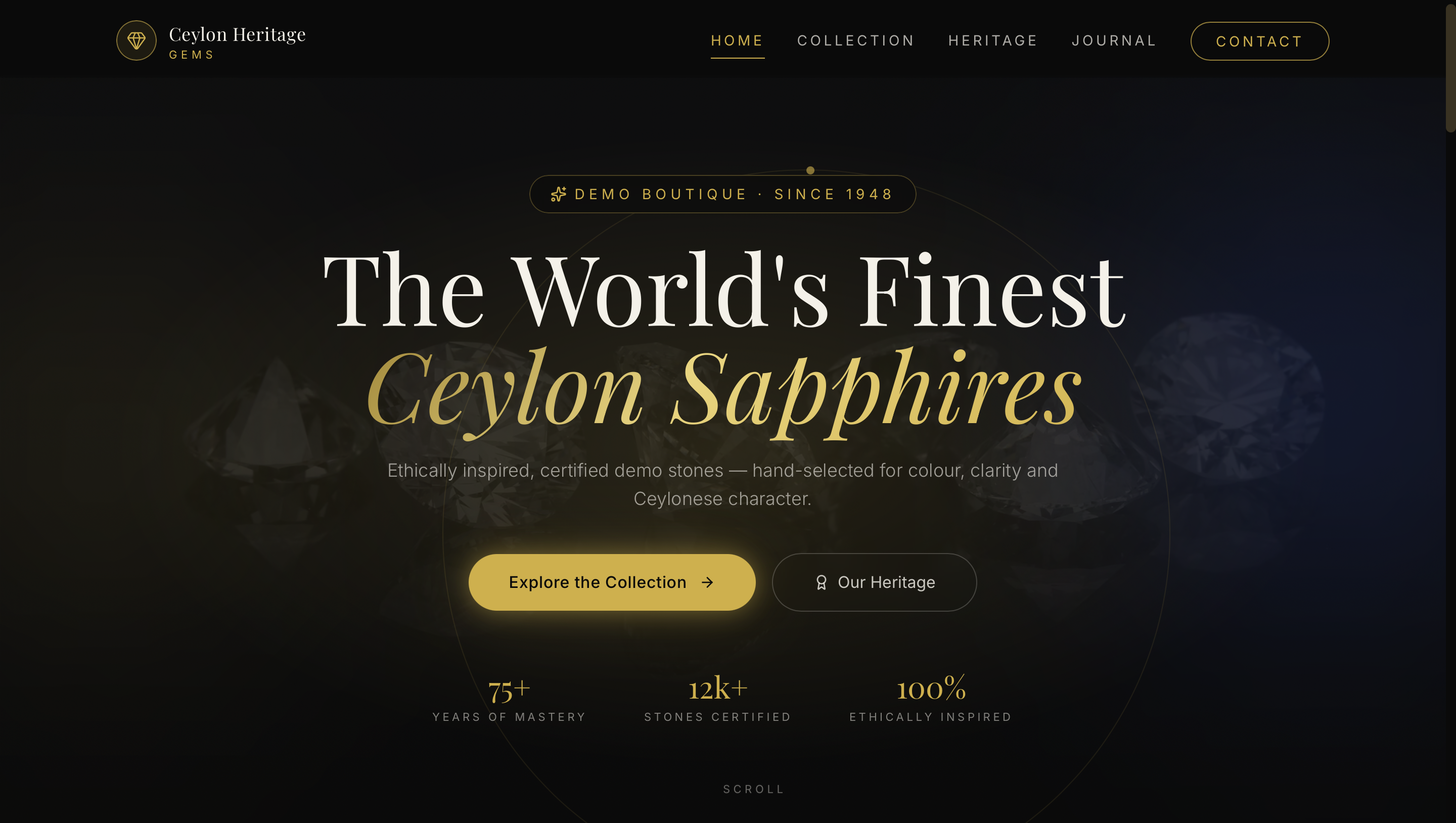 Ceylon Heritage Gems demo website, a luxury gemstone boutique concept